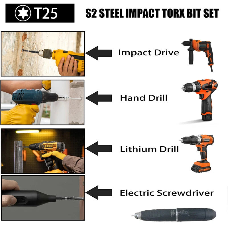 10pc T25 Impact Torx Bit Set 2" Power Screwdriver Drill Bits Star 1/4" Hex Shank