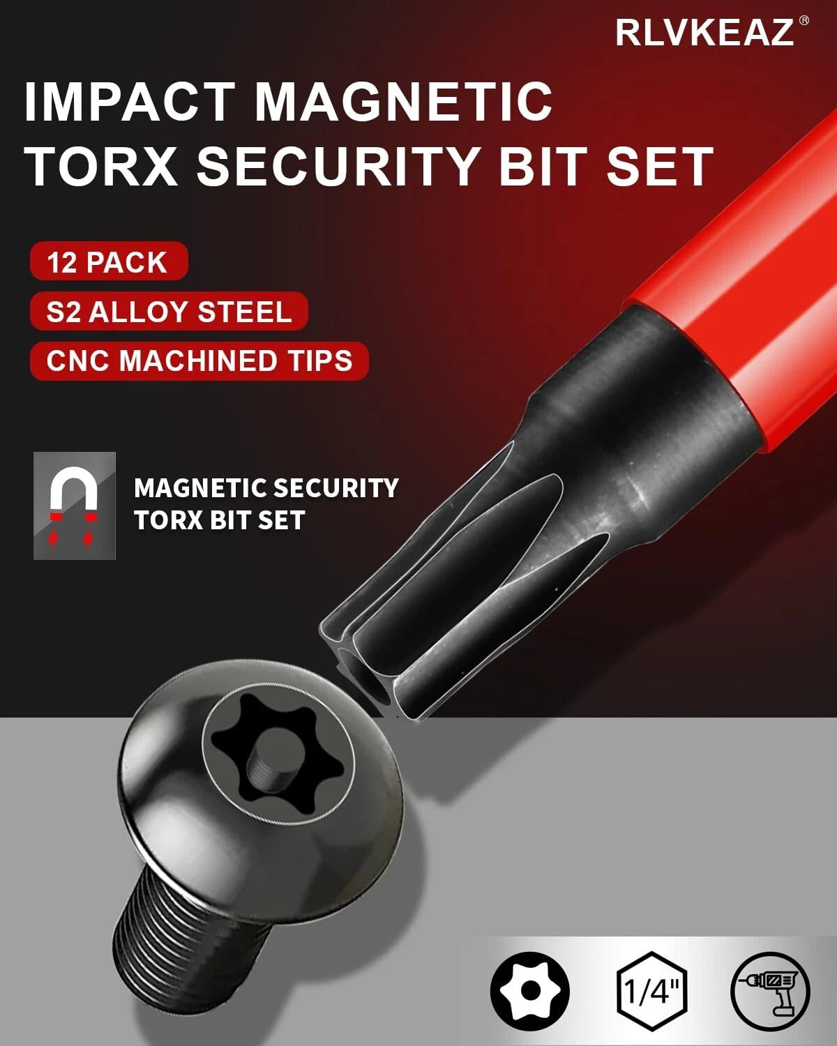 12-Piece Impact Security Torx Bit Set (T5-T40), 3-Inch Long S2 Steel 1/4" Hex