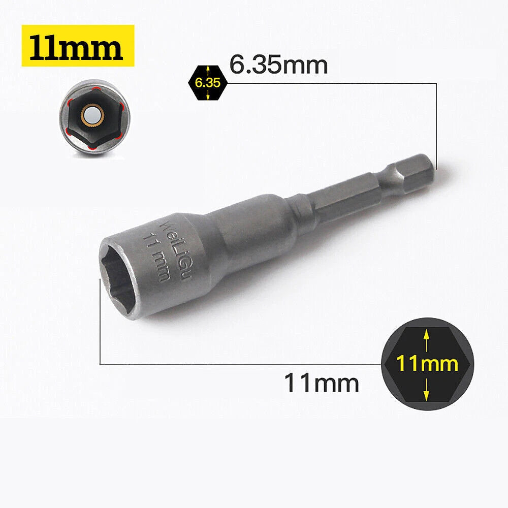Shank Nut Driver Bit Set Hex Magnetic Metric Socket Impact Drill 3mm-24mm 1/4"