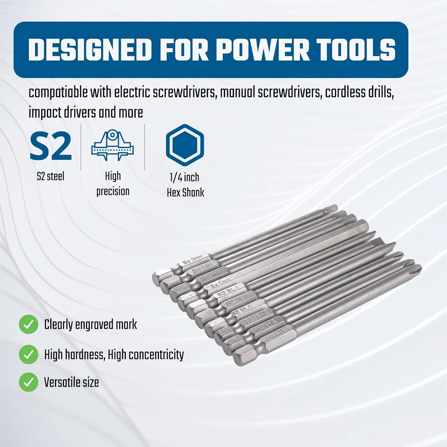 3-In-1 Assorted Long Screwdriver Bit Set Hex Slotted Phillips 10PCS 1/4 Inch He