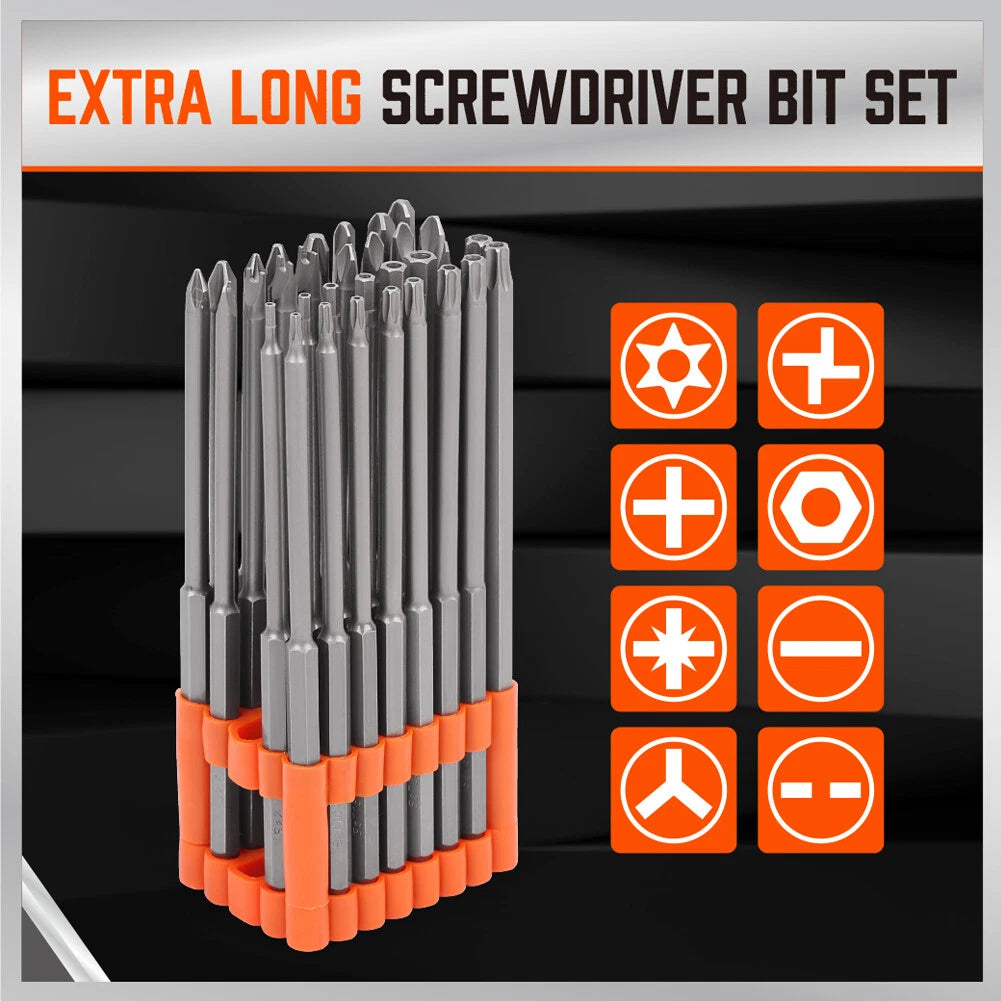 32 Pcs 1/4" Shank Extra Long Security Power Bit Set 6" Tamper Proof S2 Steel.