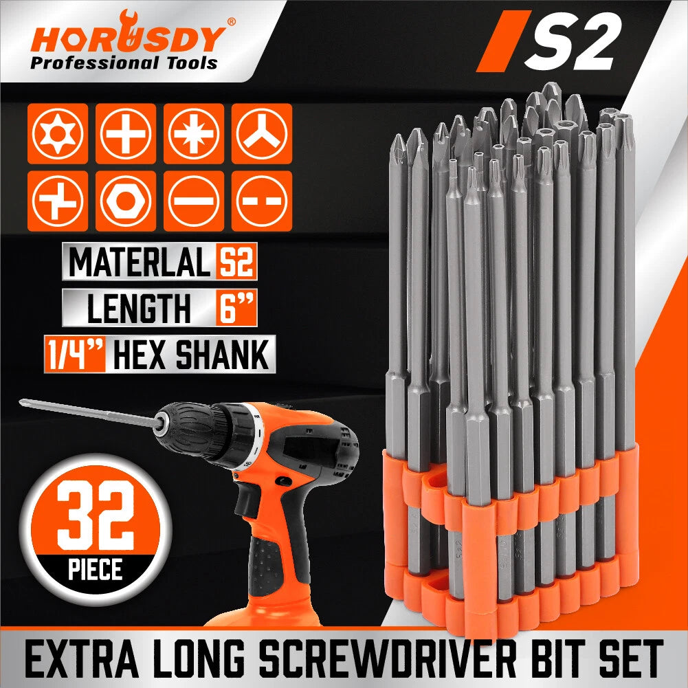 32 Pcs 1/4" Shank Extra Long Security Power Bit Set 6" Tamper Proof S2 Steel.