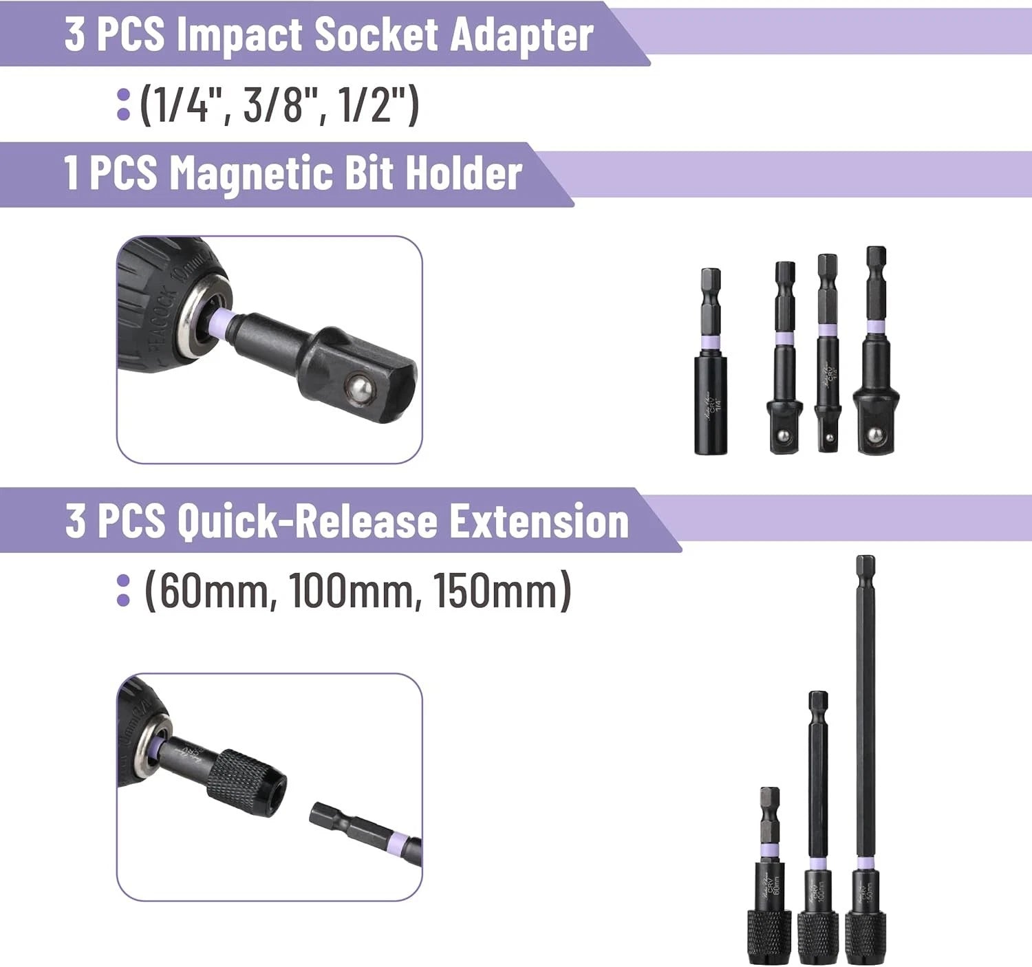 21 PCS Magnetic Nut Driver Set, 1/4" Hex Shank, Metric and SAE, Impact Drill Soc