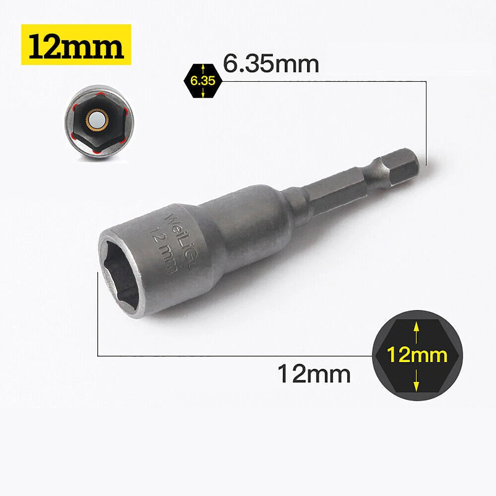 Shank Nut Driver Bit Set Hex Magnetic Metric Socket Impact Drill 3mm-24mm 1/4"