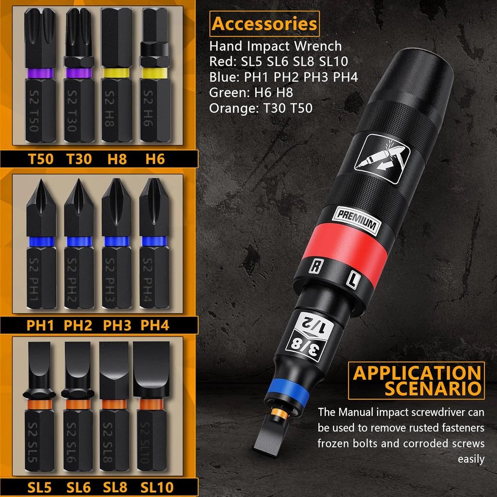 1/2" Hand Manual Reversible Impact Driver Set, 13 PCS Impact Screwdriver Kit, S2