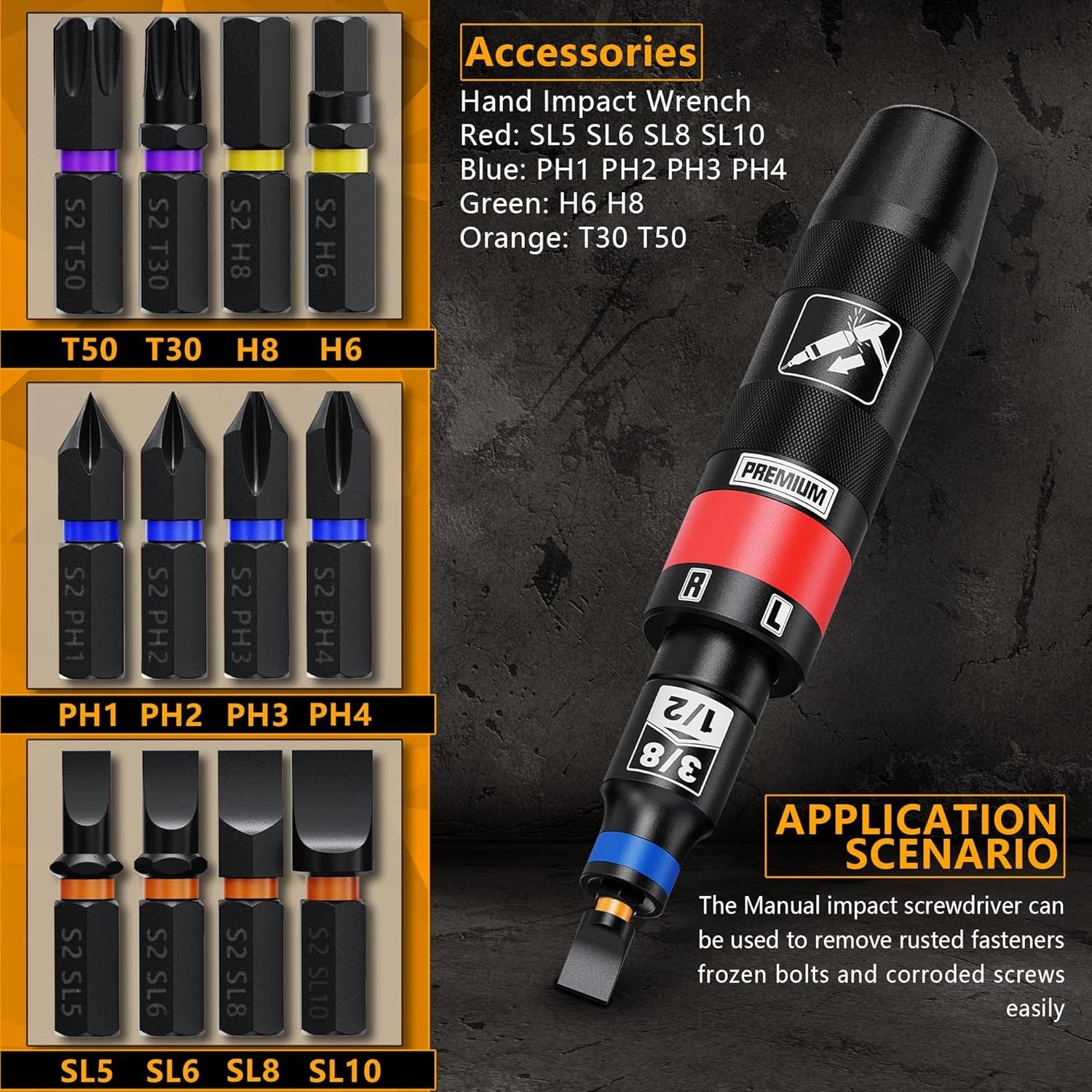 1/2" Hand Manual Reversible Impact Driver Set, 13 PCS Impact Screwdriver Kit, S2