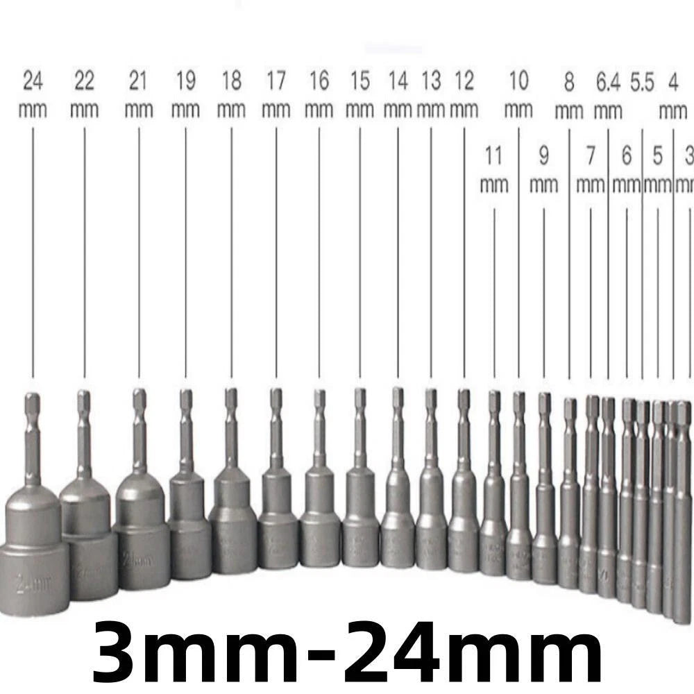 Shank Nut Driver Bit Set Hex Magnetic Metric Socket Impact Drill 3mm-24mm 1/4"