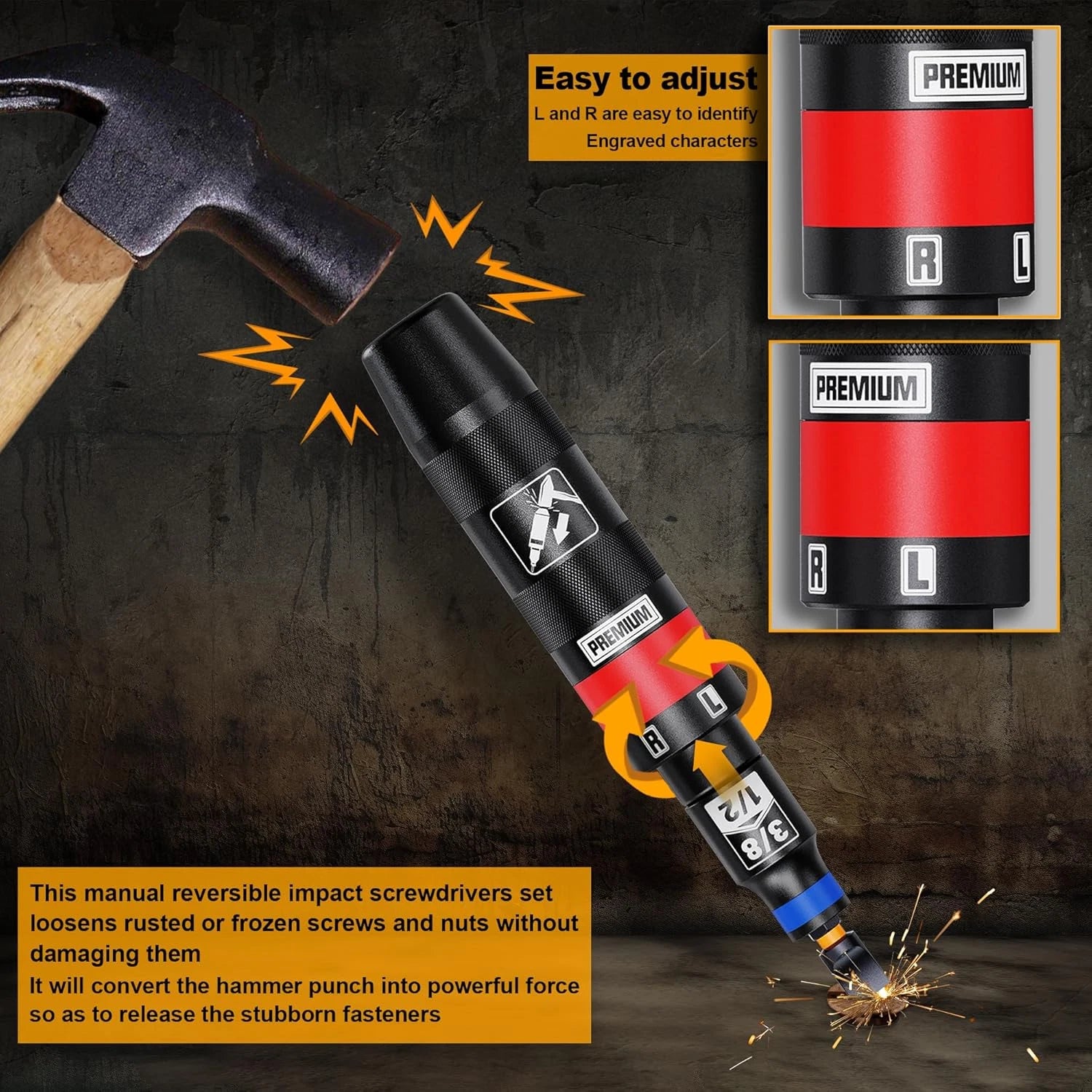 1/2" Hand Manual Reversible Impact Driver Set, 13 PCS Impact Screwdriver Kit, S2