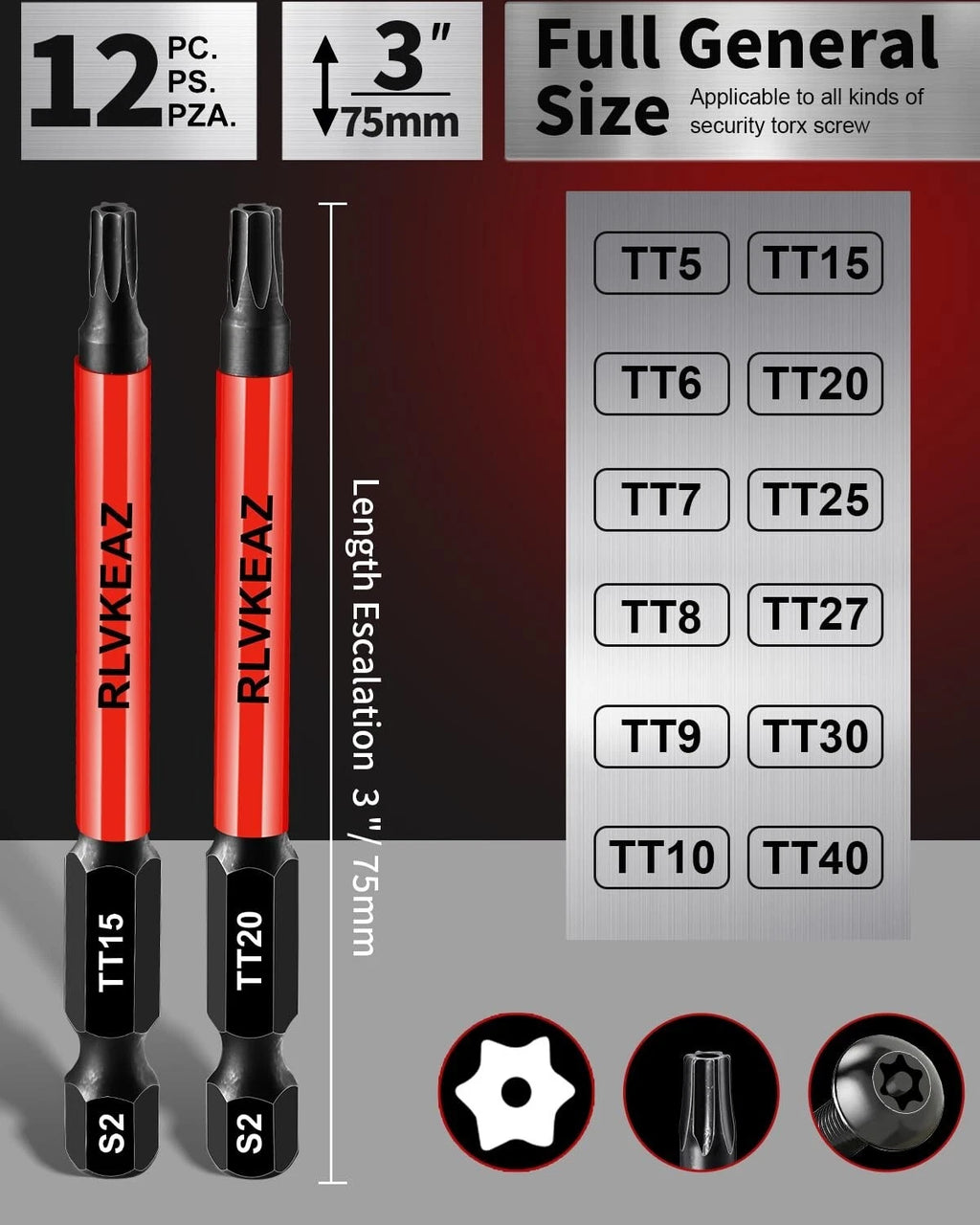 12-Piece Impact Security Torx Bit Set (T5-T40), 3-Inch Long S2 Steel 1/4" Hex