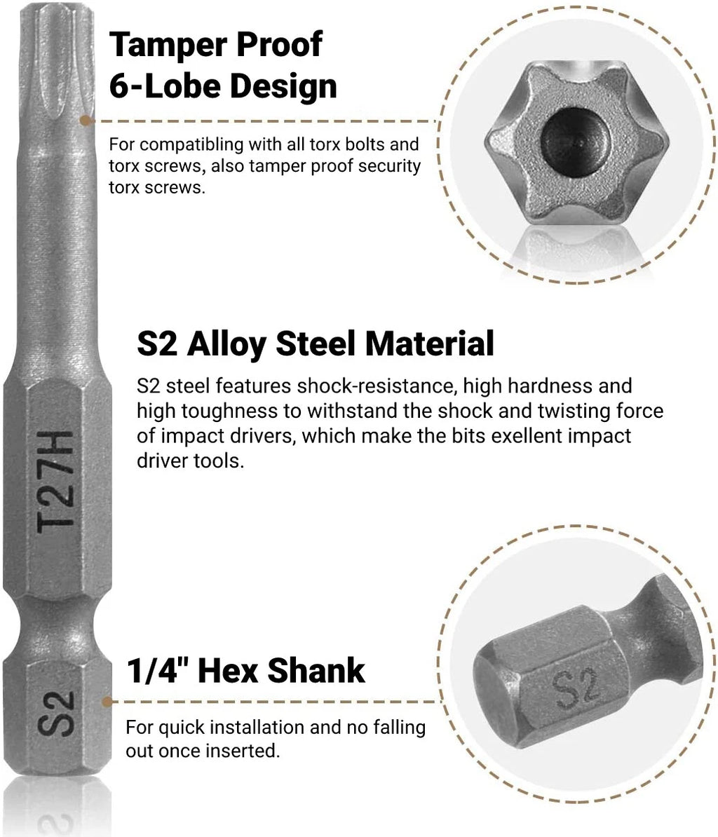 12PC Tamper Proof Star Impact Driver Bit Set Security Screwdriver Bits Hex Shank