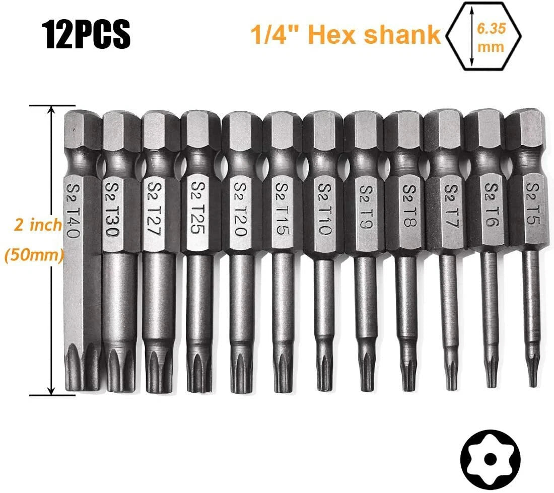 12PC Tamper Proof Star Impact Driver Bit Set Security Screwdriver Bits Hex Shank