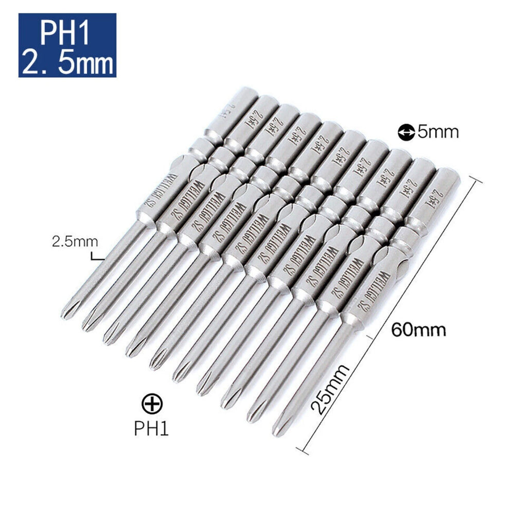 10Pc PH0 PH1 PH2 Phillips Head Screw Bit Set Impact Driver Drill 5mm Round Shank
