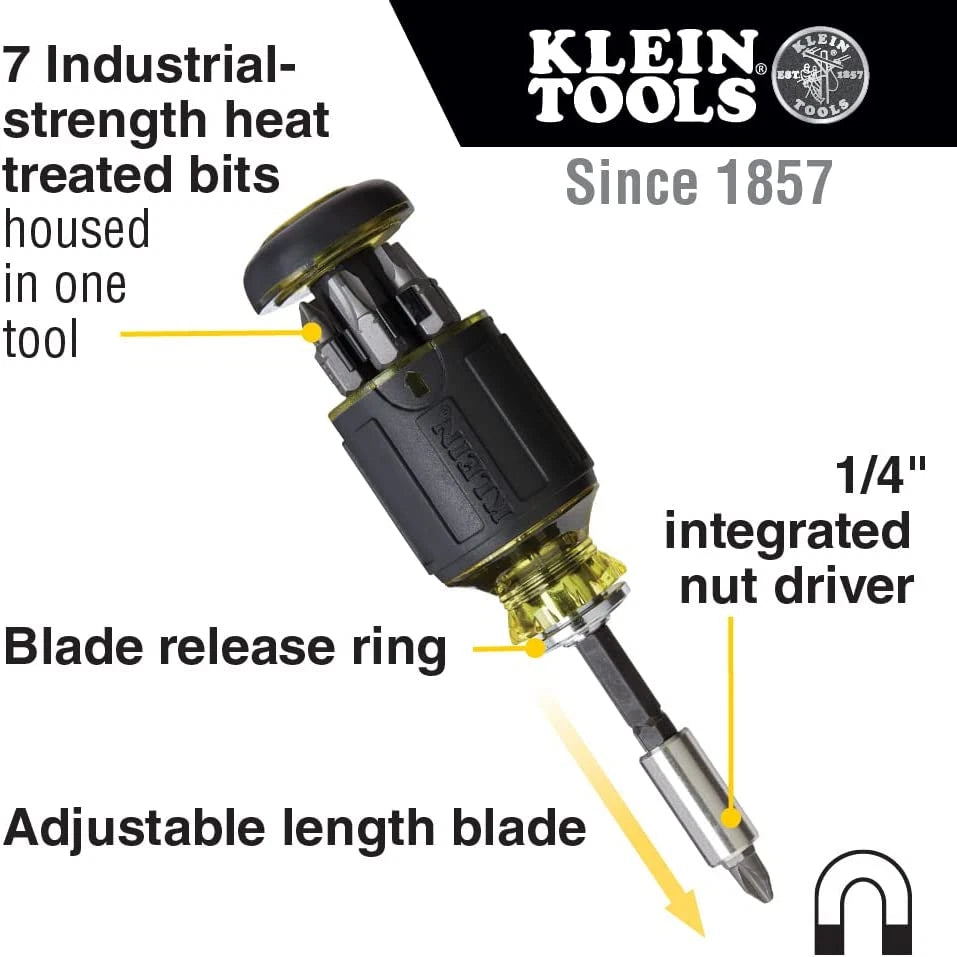 Klein Tools 32308 Multi-Bit Stubby Screwdriver, Impact Rated 8-In-1 Adjustable M