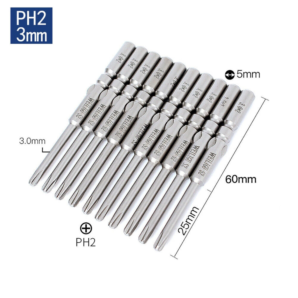 10Pc PH0 PH1 PH2 Phillips Head Screw Bit Set Impact Driver Drill 5mm Round Shank
