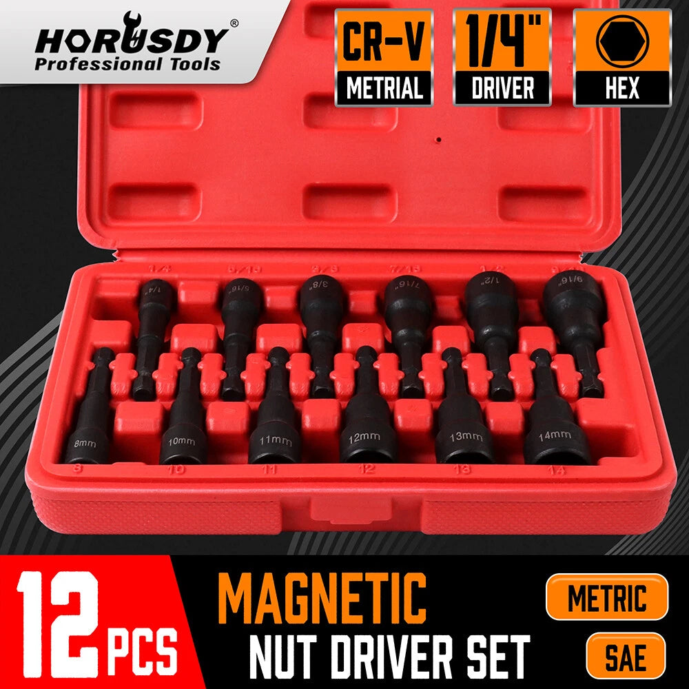 12pc Magnetic Nut Driver Setter Bit Nut Driver MM & SAE 1/4" Shank Quick Change