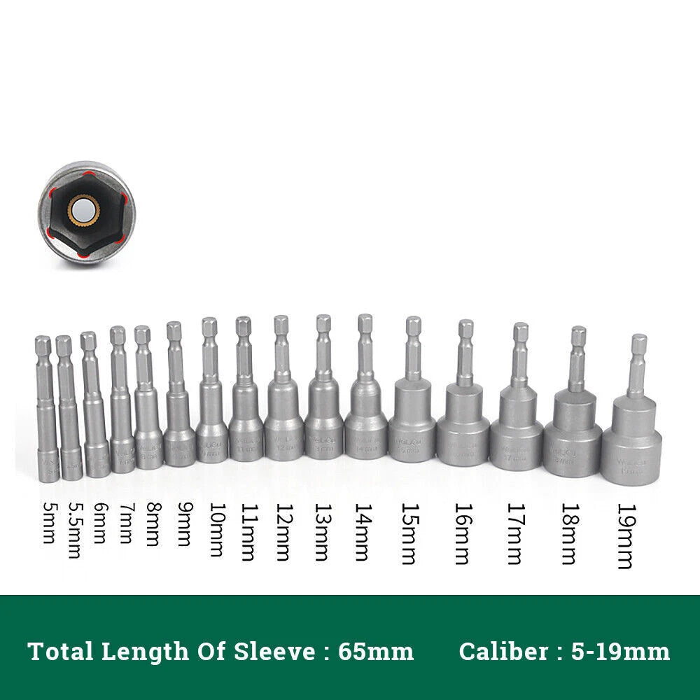 Shank Nut Driver Bit Set Hex Magnetic Metric Socket Impact Drill 3mm-24mm 1/4"