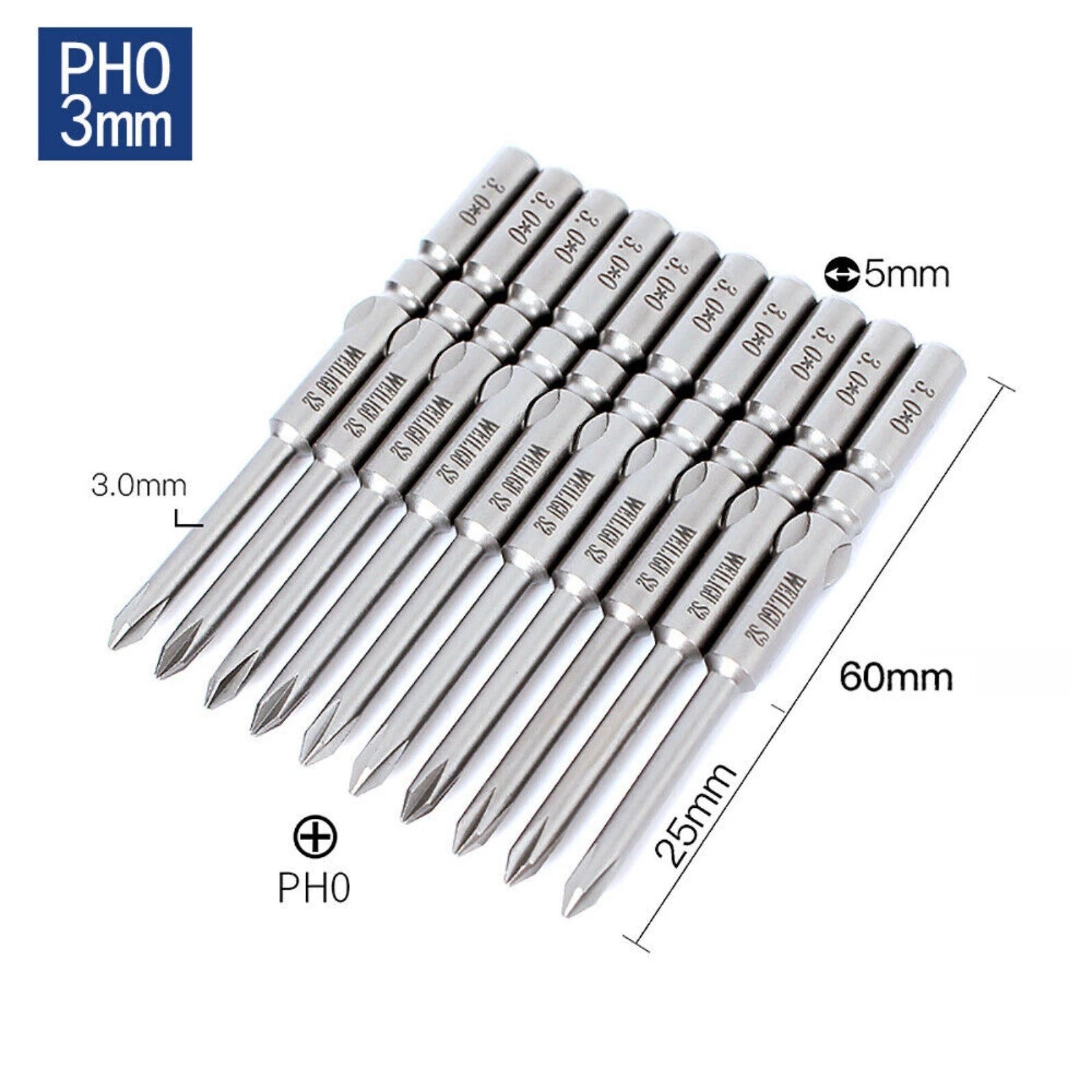 10Pc PH0 PH1 PH2 Phillips Head Screw Bit Set Impact Driver Drill 5mm Round Shank