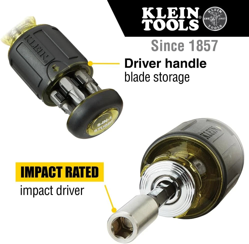 Klein Tools 32308 Multi-Bit Stubby Screwdriver, Impact Rated 8-In-1 Adjustable M
