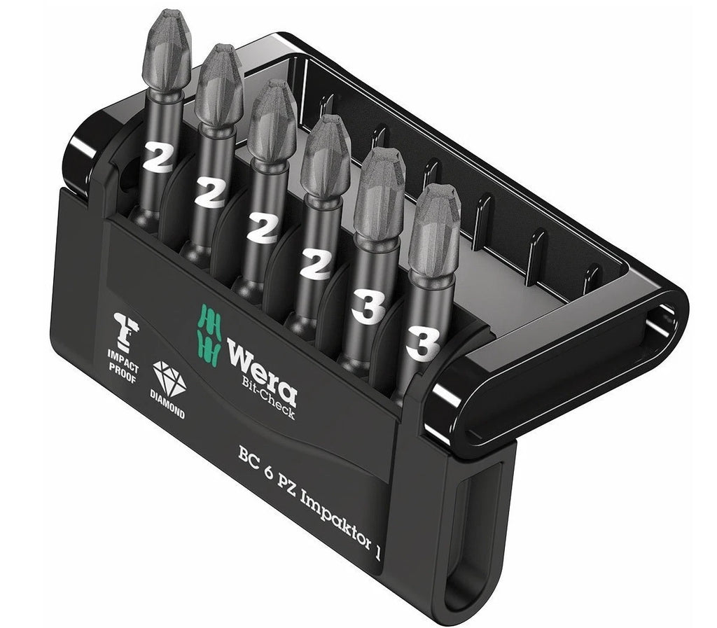 Wera 057692 Impaktor 6 Piece 50mm Long Pozi Impact Screwdriver Bit Set PZ2 & PZ3