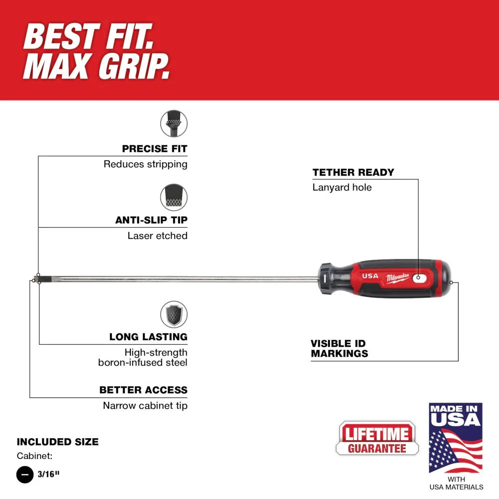 Milwaukee MT213 3/16" Cabinet 8" Cushion Grip Screwdriver - Made In USA