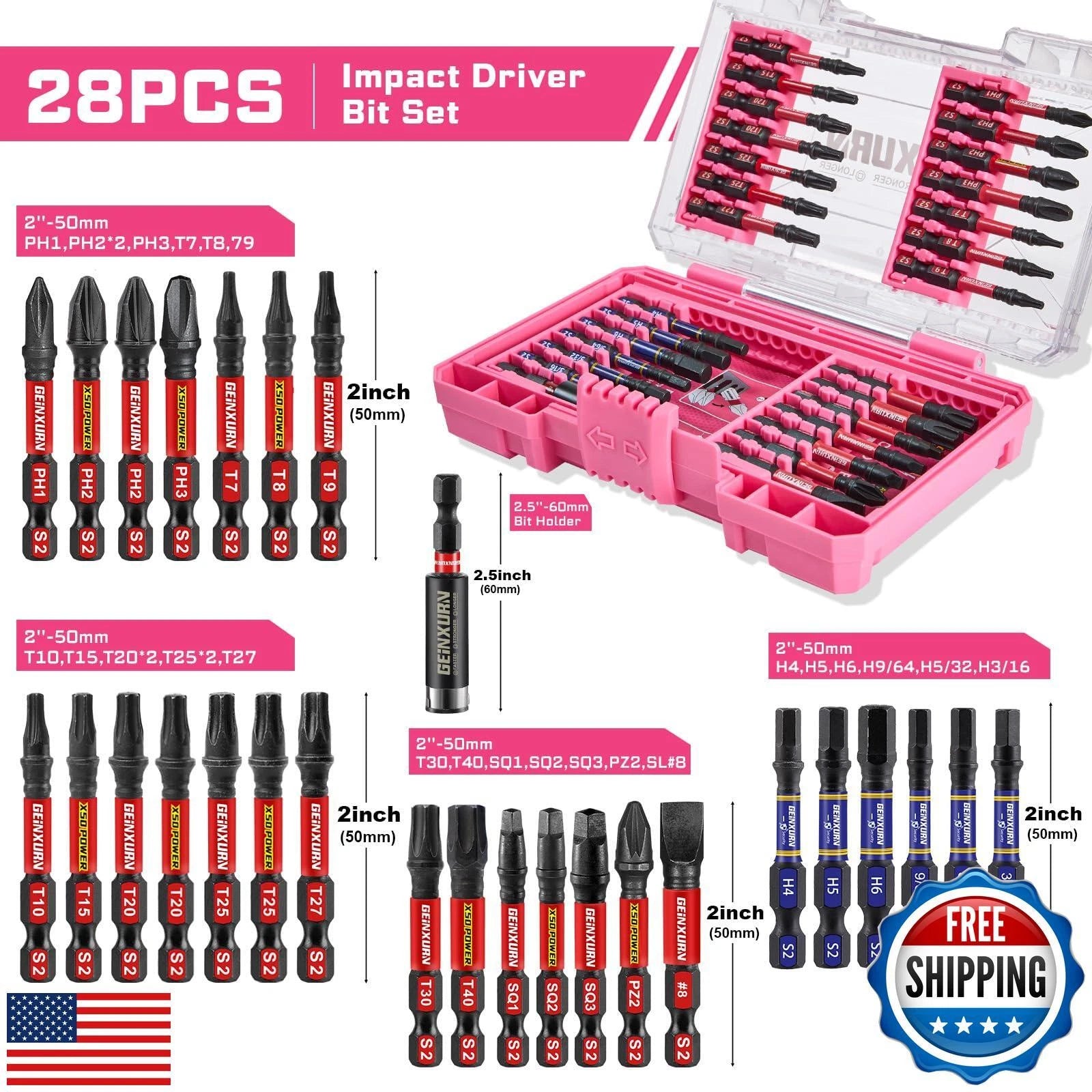 Geinxurn 28Pieces Impact Screwdriver Bits Set, Magnetic S2 Steel Phillips/Slo