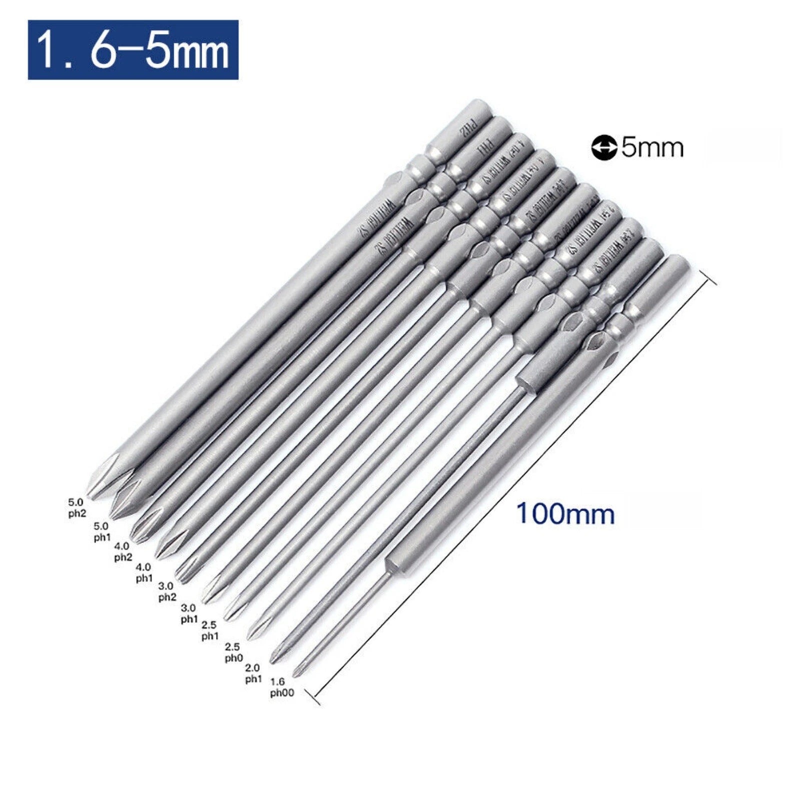 10Pc PH0 PH1 PH2 Phillips Head Screw Bit Set Impact Driver Drill 5mm Round Shank