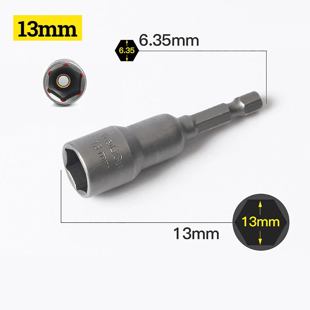 Shank Nut Driver Bit Set Hex Magnetic Metric Socket Impact Drill 3mm-24mm 1/4"