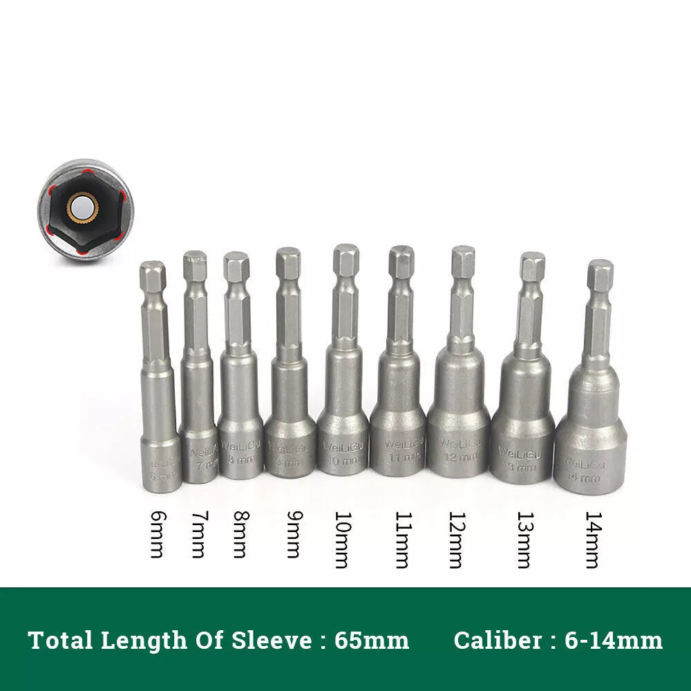 Shank Nut Driver Bit Set Hex Magnetic Metric Socket Impact Drill 3mm-24mm 1/4"