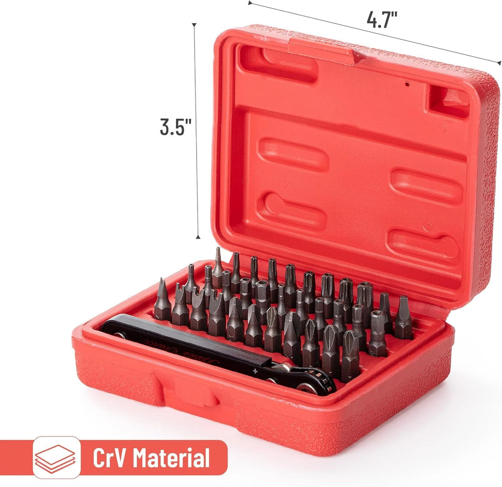 34 Pcs Mini Ratchet Set 1/4-Inch Drive, Tamper-Proof Security Bit, Right Angle