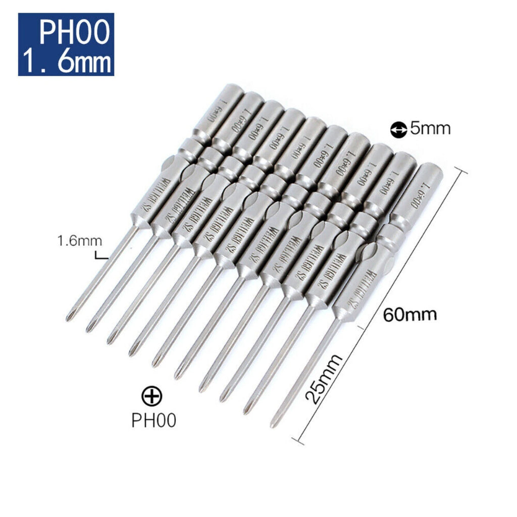 10Pc PH0 PH1 PH2 Phillips Head Screw Bit Set Impact Driver Drill 5mm Round Shank
