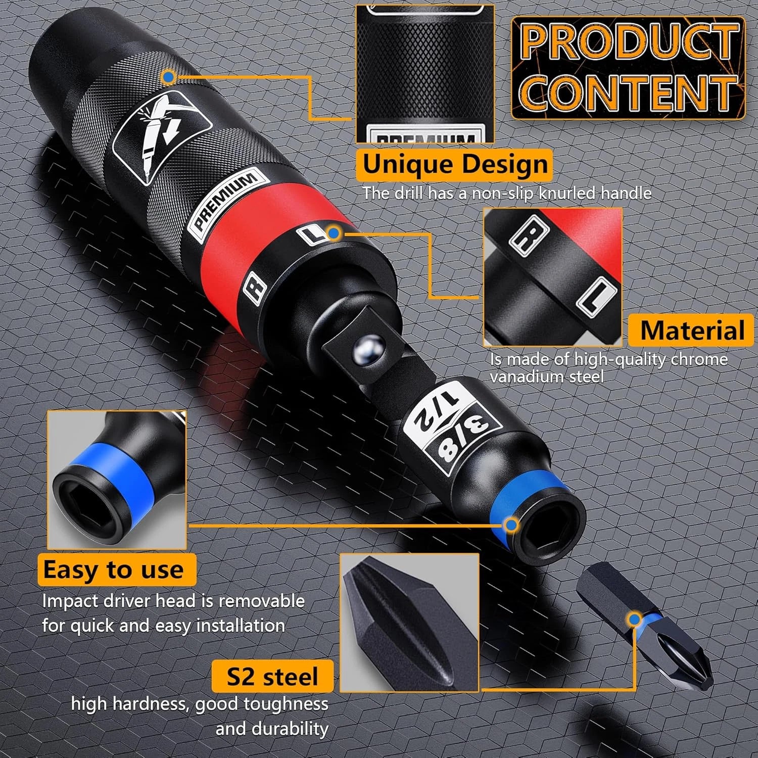 1/2" Hand Manual Reversible Impact Driver Set, 13 PCS Impact Screwdriver Kit, S2