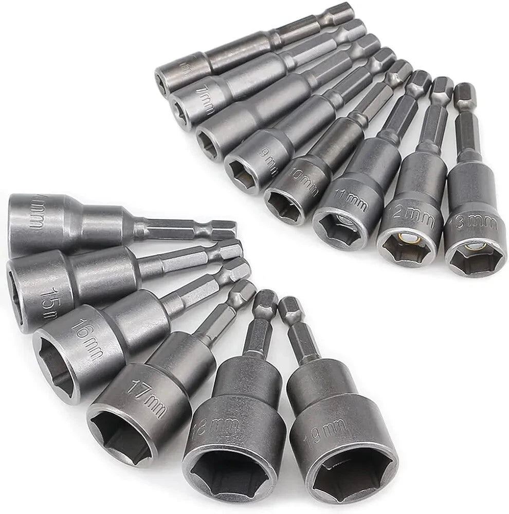 14X 1/4" 6 -19mm  Nut Driver Bit Sets  Magnetic Metric Socket Impact Drill