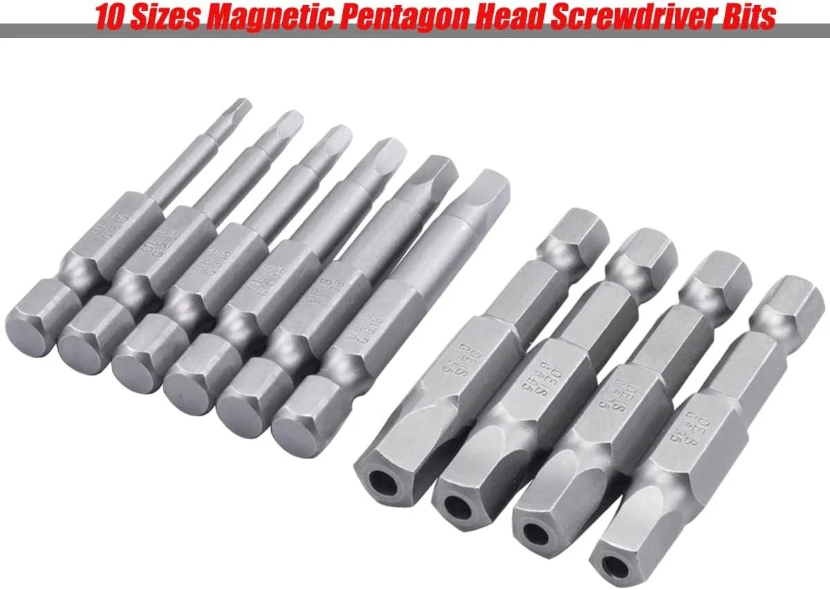 10-Piece Magnetic Pentagon Head Screwdriver Bit Set Metric Sizes 1/4 50mm