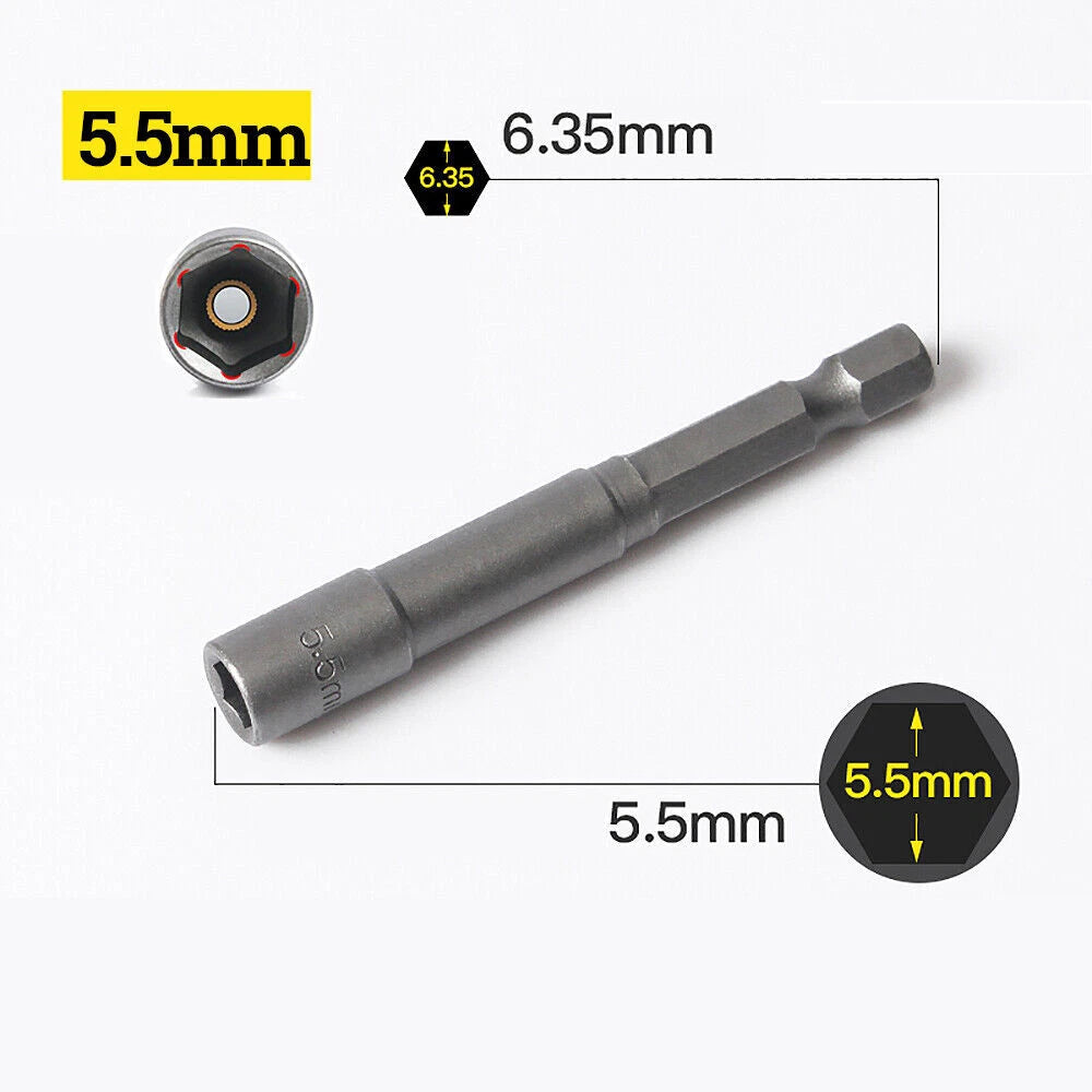 Shank Nut Driver Bit Set Hex Magnetic Metric Socket Impact Drill 3mm-24mm 1/4"