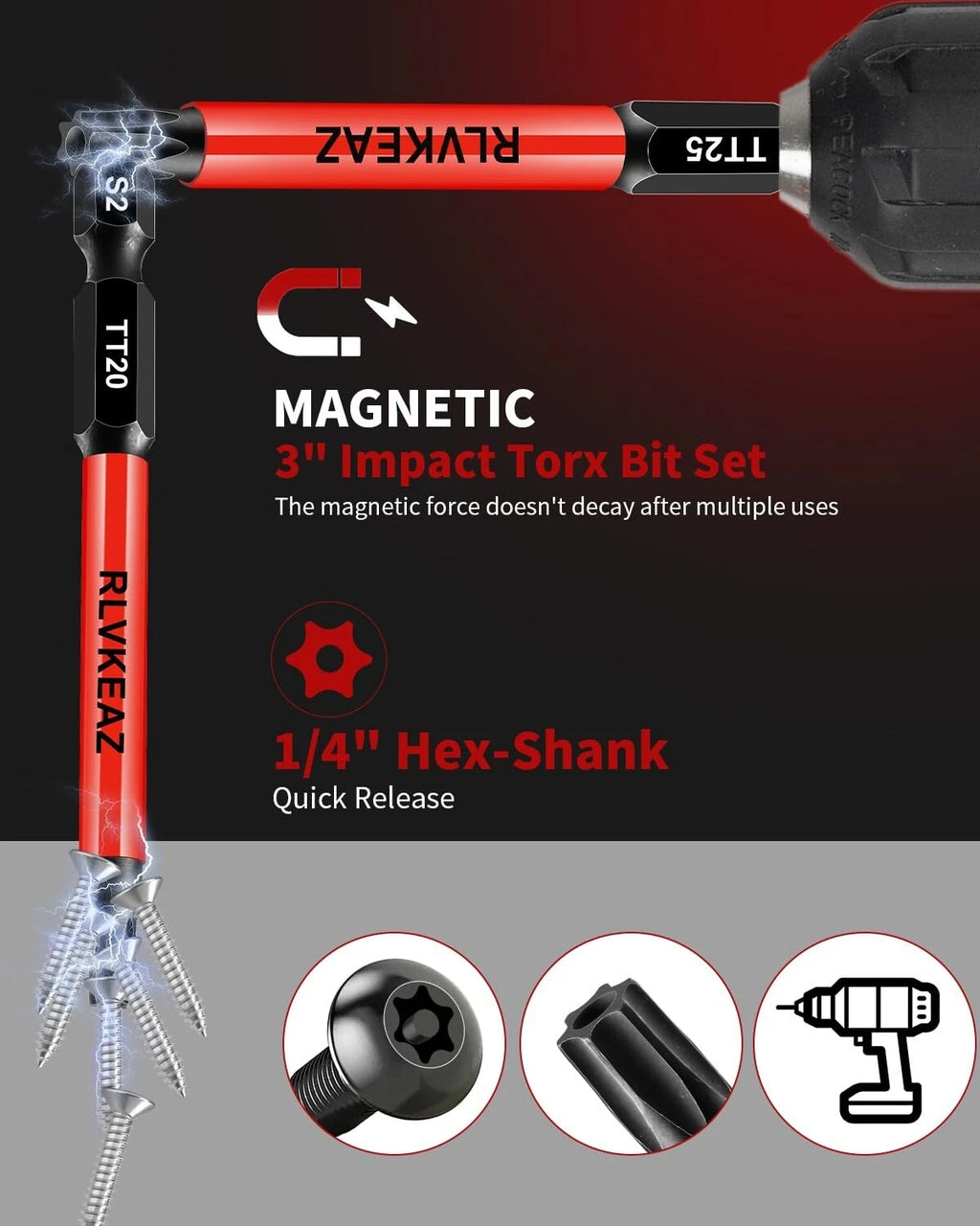 12-Piece Impact Security Torx Bit Set (T5-T40), 3-Inch Long S2 Steel 1/4" Hex