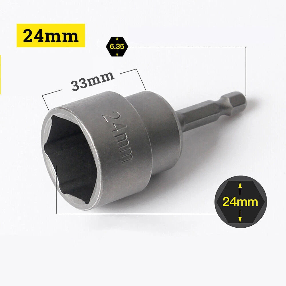 Shank Nut Driver Bit Set Hex Magnetic Metric Socket Impact Drill 3mm-24mm 1/4"
