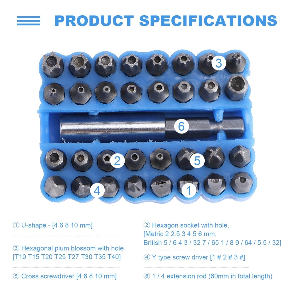 33 Pcs Hexagon Bit Security Screw Set Tamper Proof Extension Bits
