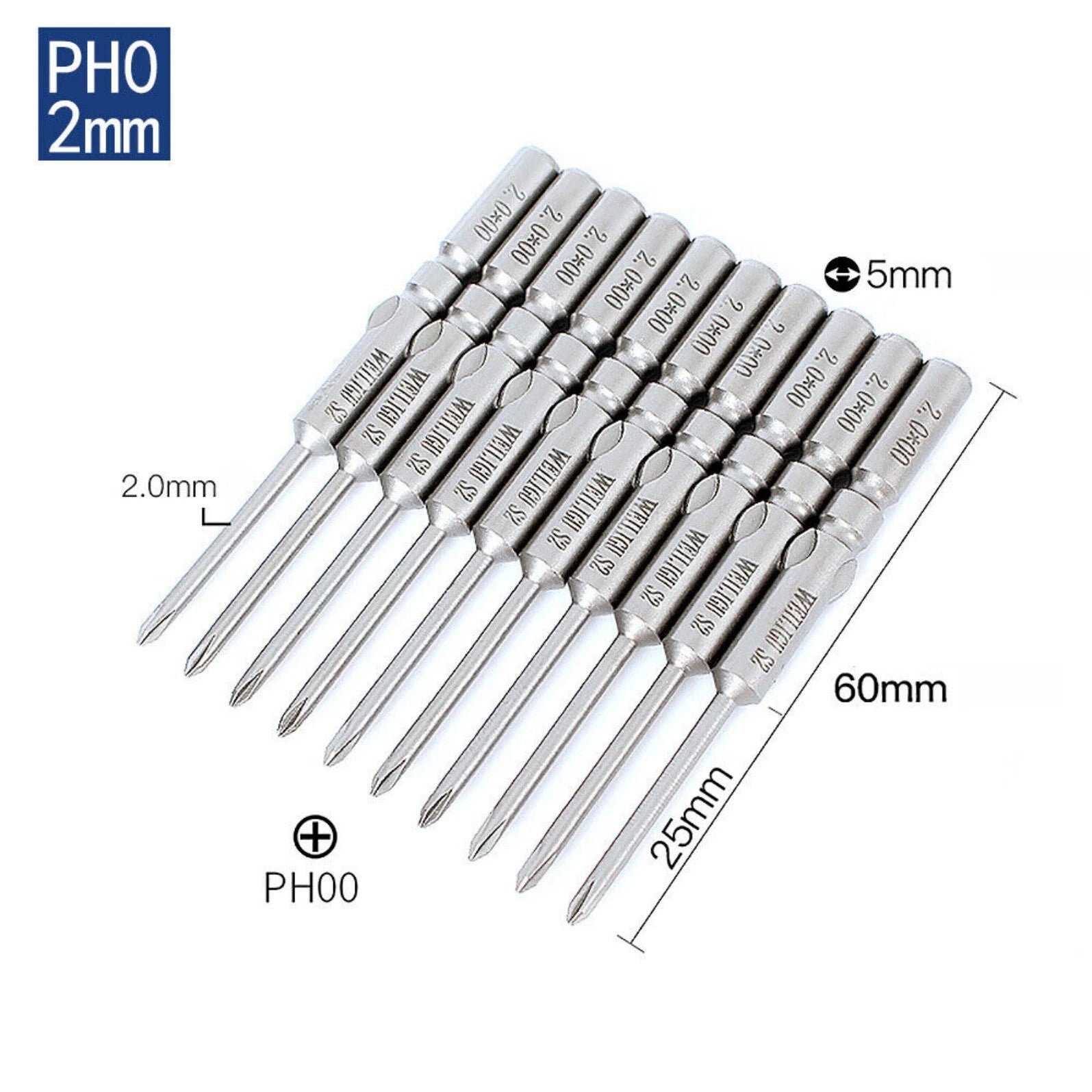 10Pc PH0 PH1 PH2 Phillips Head Screw Bit Set Impact Driver Drill 5mm Round Shank
