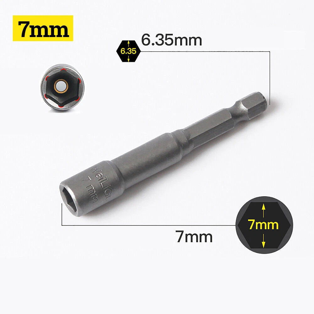 Shank Nut Driver Bit Set Hex Magnetic Metric Socket Impact Drill 3mm-24mm 1/4"