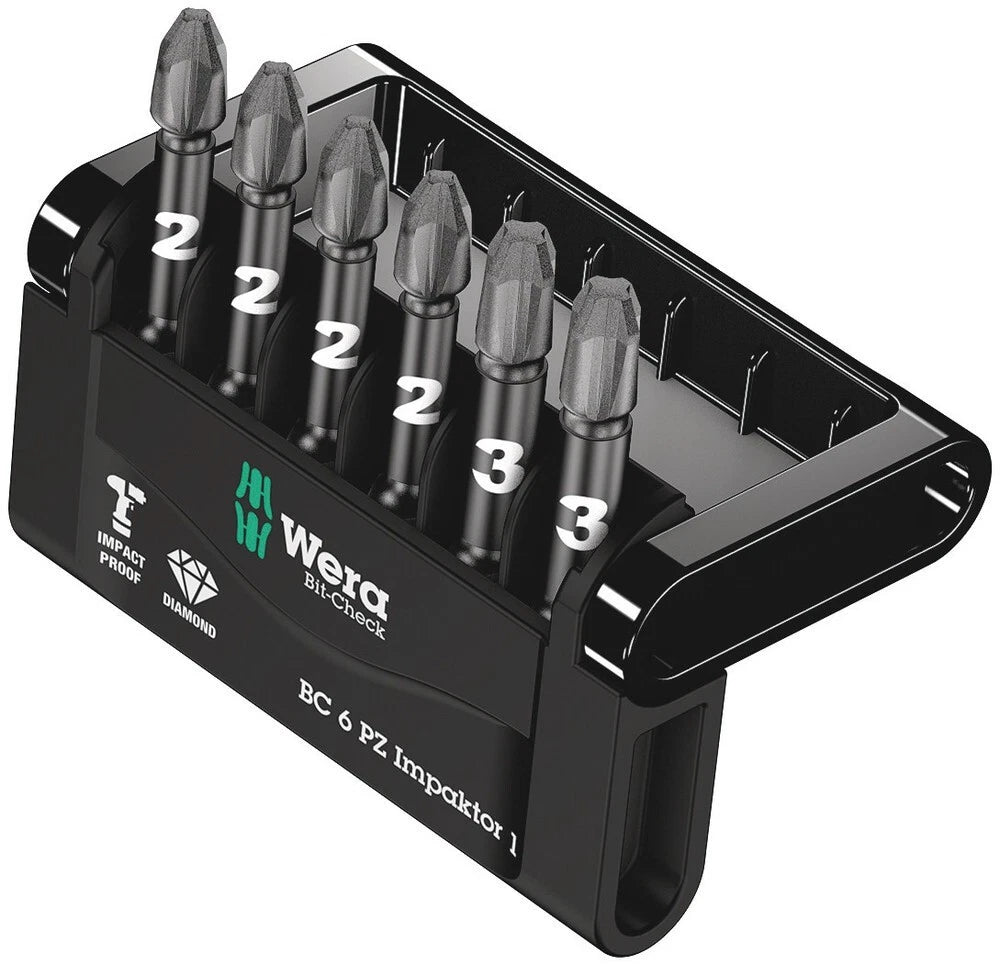 Wera 057692 Impaktor 6 Piece 50mm Long Pozi Impact Screwdriver Bit Set PZ2 & PZ3