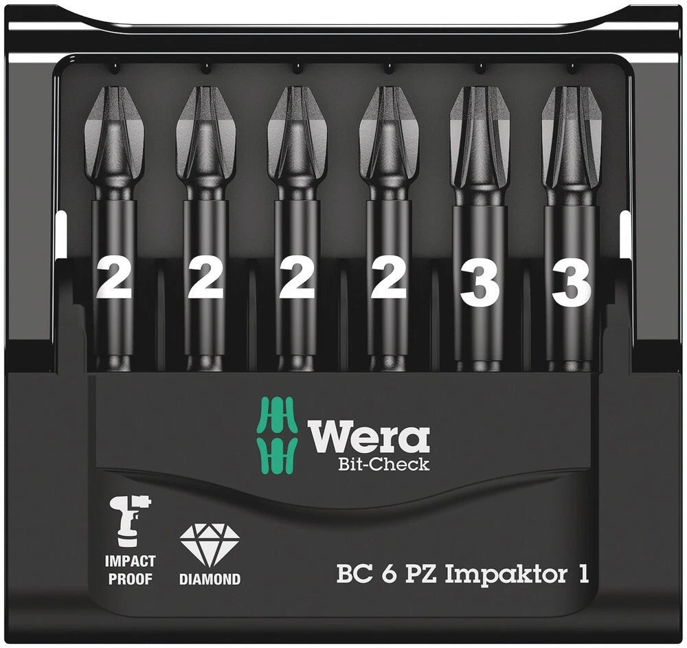 Wera 057692 Impaktor 6 Piece 50mm Long Pozi Impact Screwdriver Bit Set PZ2 & PZ3