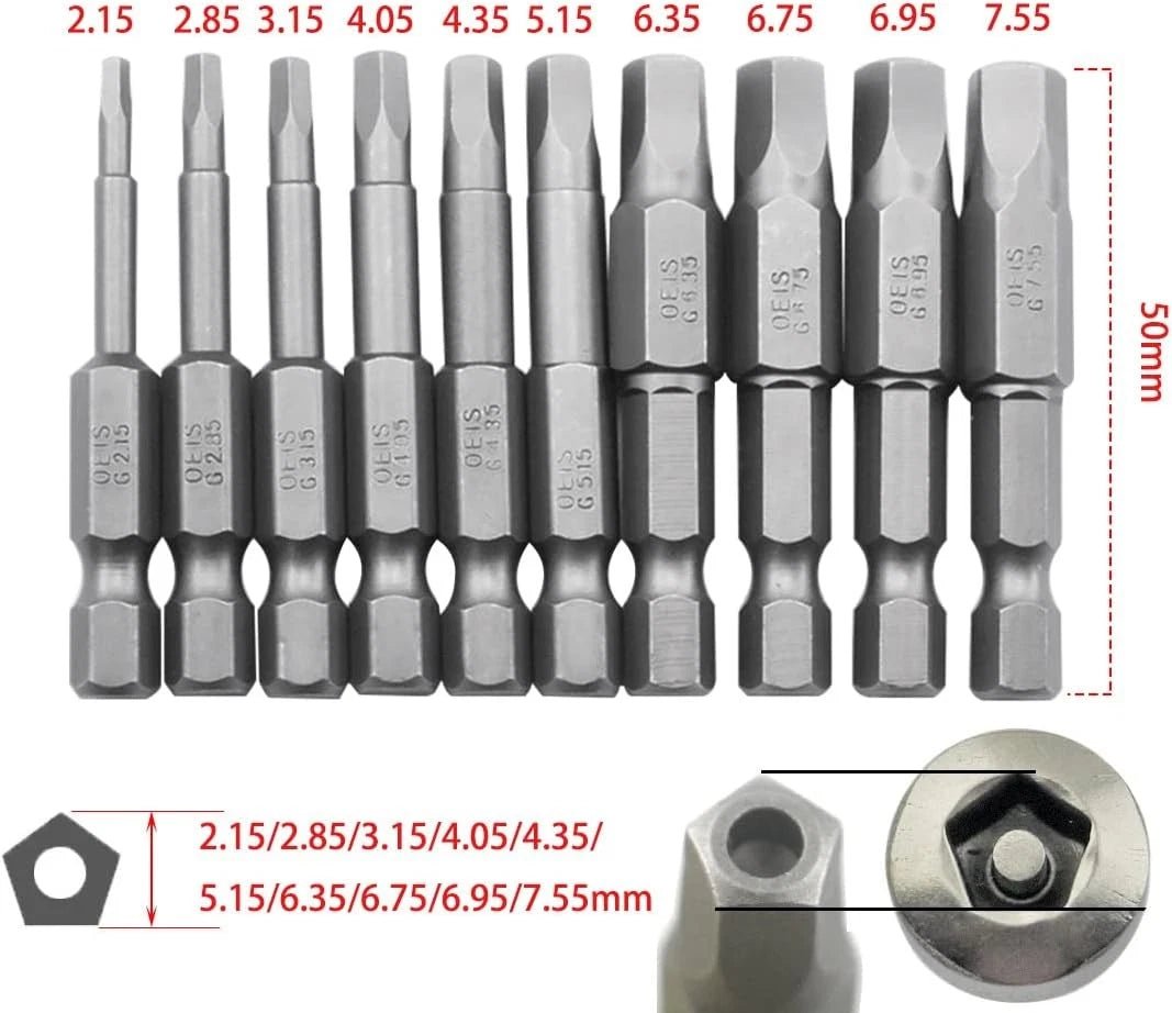 10-Piece Magnetic Pentagon Head Screwdriver Bit Set Metric Sizes 1/4 50mm