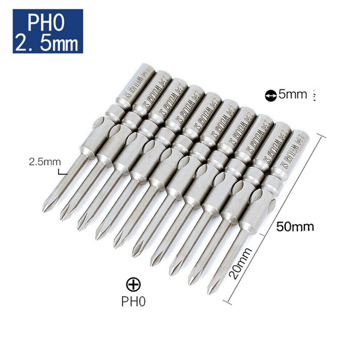 10Pc PH0 PH1 PH2 Phillips Head Screw Bit Set Impact Driver Drill 5mm Round Shank