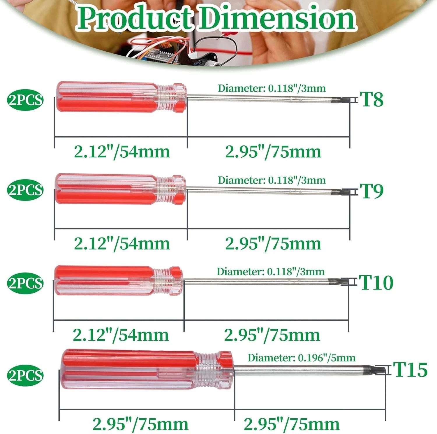 8pcs Torx Screwdriver Set, T8, T9, T10, T15 Torx with Magnetic Tip, 75mm Long