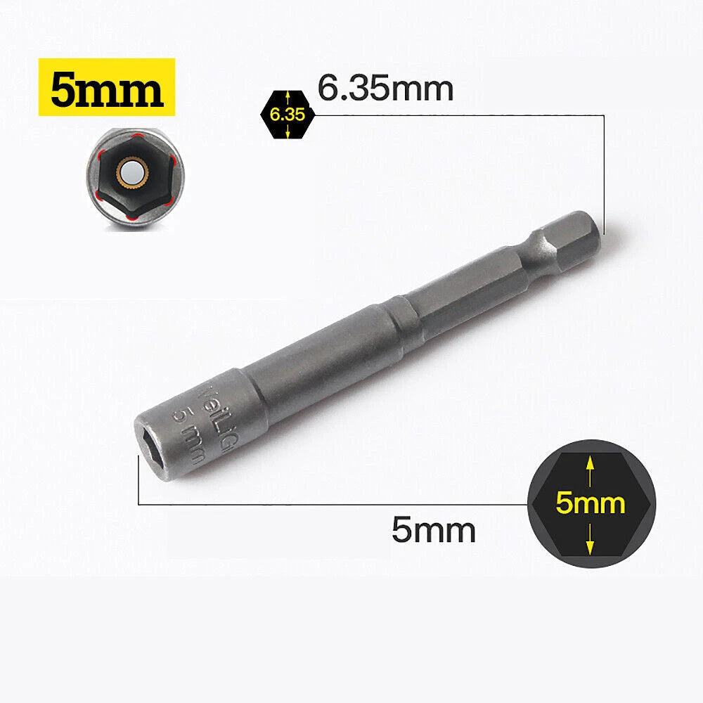 Shank Nut Driver Bit Set Hex Magnetic Metric Socket Impact Drill 3mm-24mm 1/4"