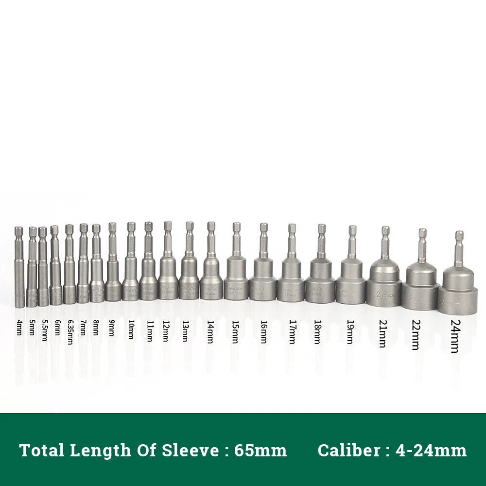 Shank Nut Driver Bit Set Hex Magnetic Metric Socket Impact Drill 3mm-24mm 1/4"