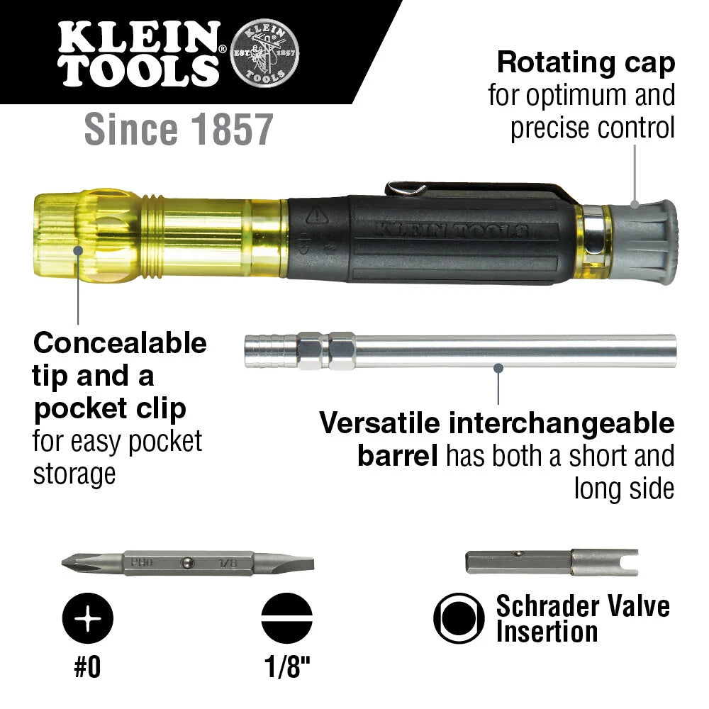 Klein Tools 32613 HVAC Pocket Screwdriver, 3-in-1, Phillips, Slotted, Schrader