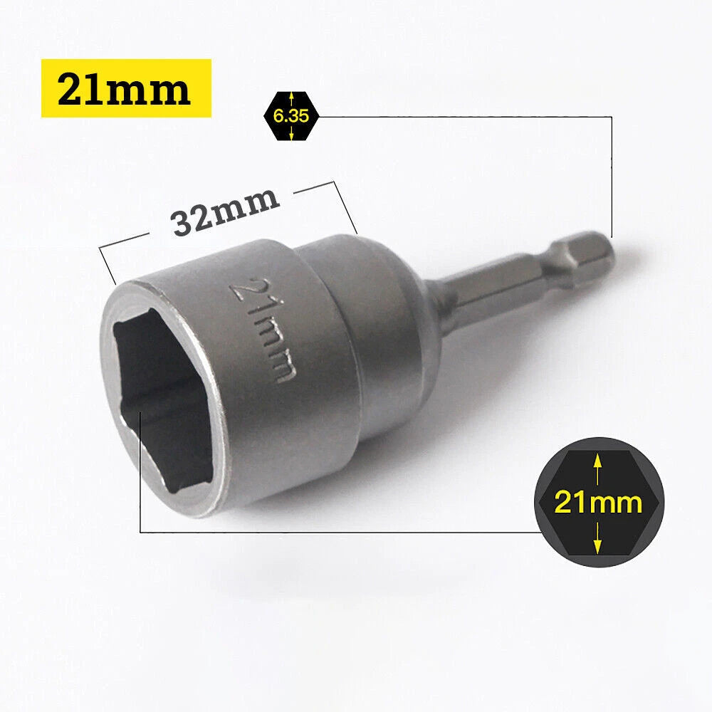 Shank Nut Driver Bit Set Hex Magnetic Metric Socket Impact Drill 3mm-24mm 1/4"