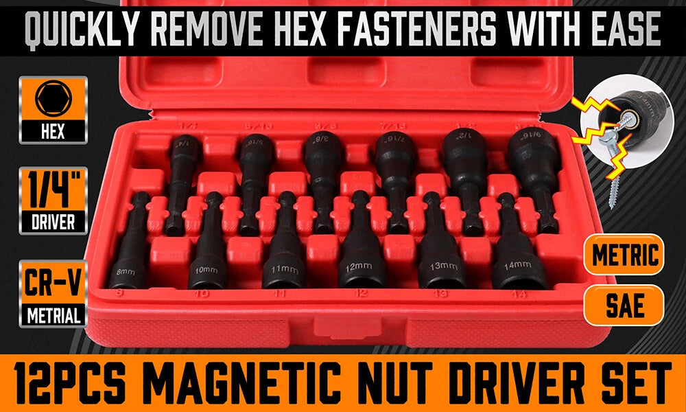12pc Magnetic Nut Driver Setter Bit Nut Driver MM & SAE 1/4" Shank Quick Change