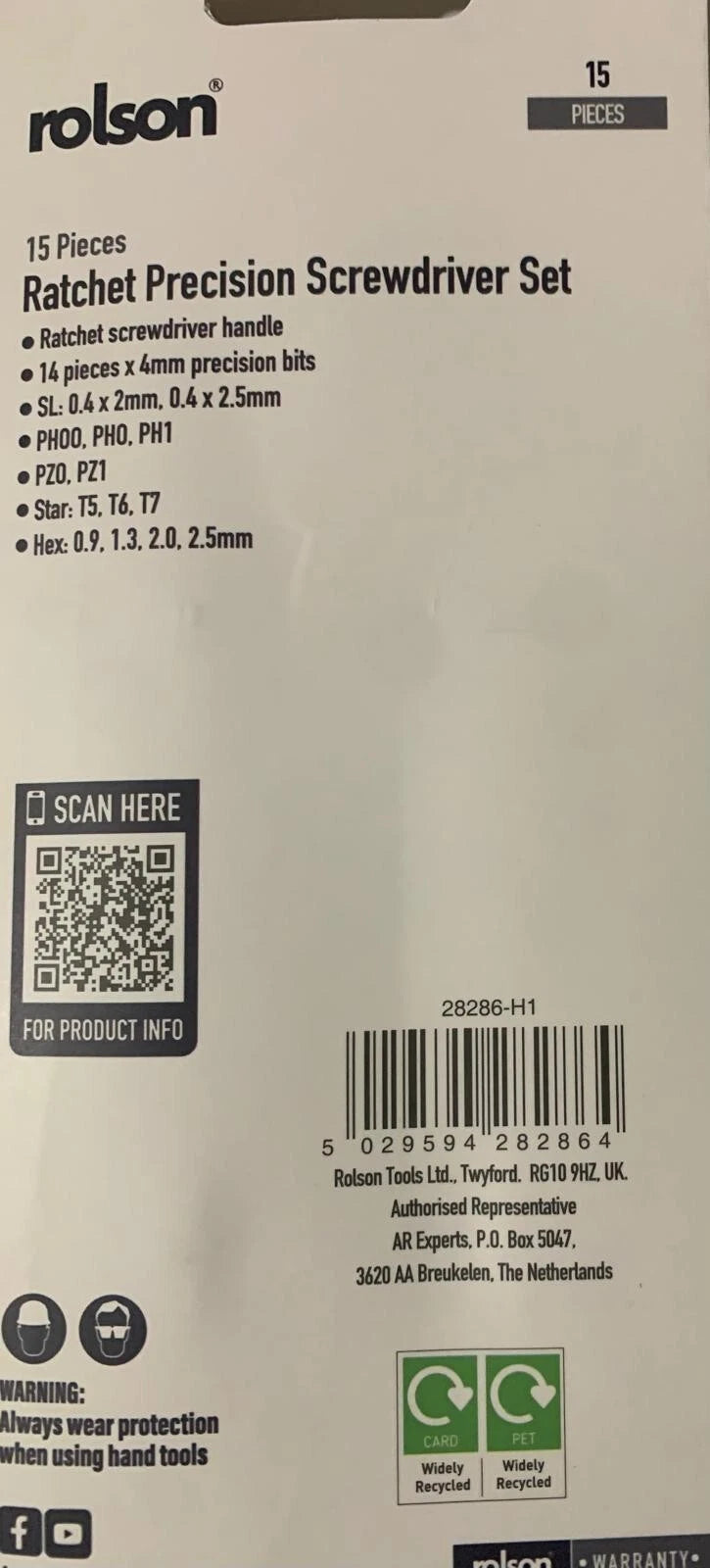 Ratchet Precision Screwdriver Set Watch Glasses 15 X Slotted Hex PZ1 PH00 T5 Bit